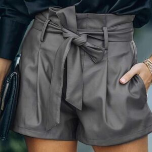 Faux leather like Gray Women's Shorts with Bow Tie